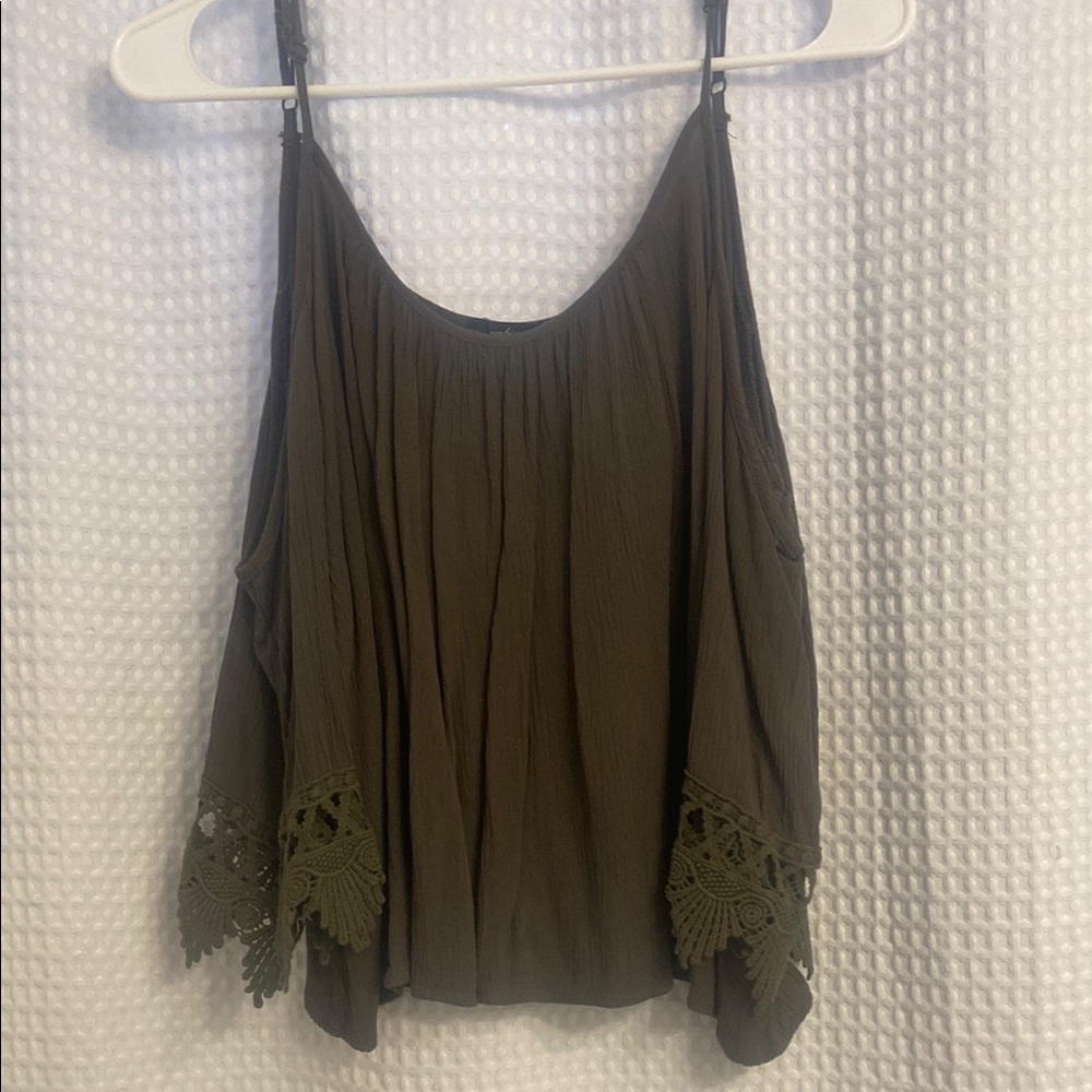 Olive Green Women's cold shoulder Top with Lace Detail